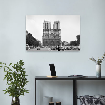 1950S Notre Dame Cathedral Single Anonymous Silhouetted Pedestrian Man Ile De La Cite Paris France Classic Retro Vintage Urban Wall Art