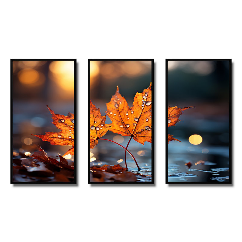 «Orange Autumn Maple Leaves III» - Art mural érable, Cadre flottant noir, H 32 po x l 48 po