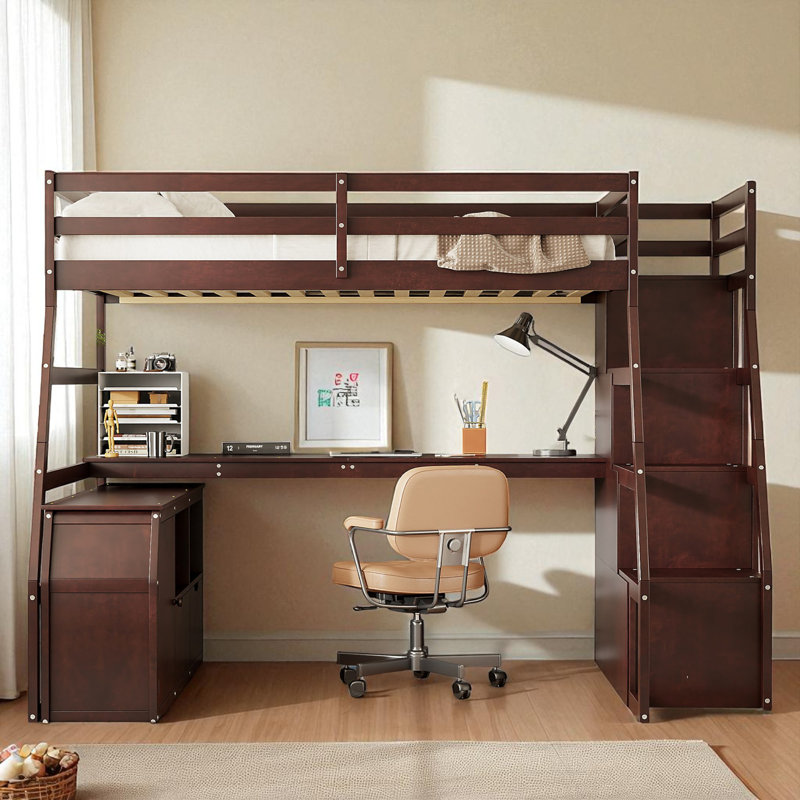 Heiki Loft Bed with Desk, Storage Stairs, Shelves, Cabinet, and Drawers, Full, Espresso