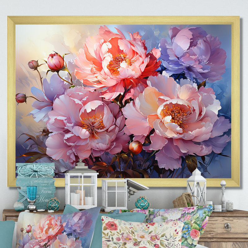 " Magical Peonies At Sunset ", Gold Picture Framed, 34" H x 44" W
