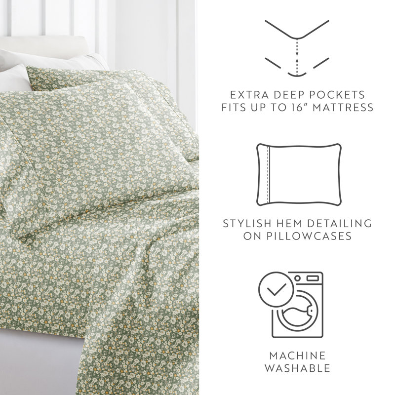 4 Piece Sheet Set Patterned Microfiber Ultra Soft Bedding in Floral Dream, Green, Queen