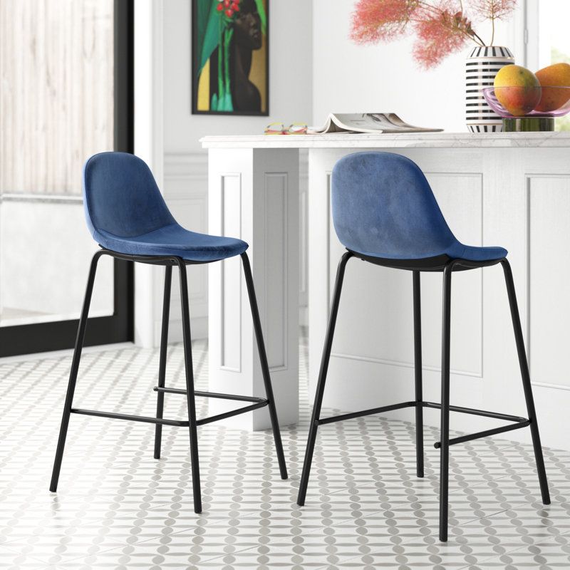 Tabouret de bar en velours Lazio avec pieds en fer, Bleu, Tabouret de comptoir (siège d'une hauteur de 25,9