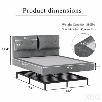Queen Size AirFrame Upholstered Bed Frame, Low Cloud-Style Bed with Double-Layered Upholstered Headboard, 360° Soft Foam Edging, Metal Base - Gray