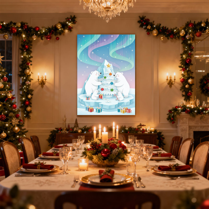 Ours polaires de Noël décorent un arbre de Noël avec des cadeaux, ensemble de 3 impressions sur toile, H 36 po x l 24 po