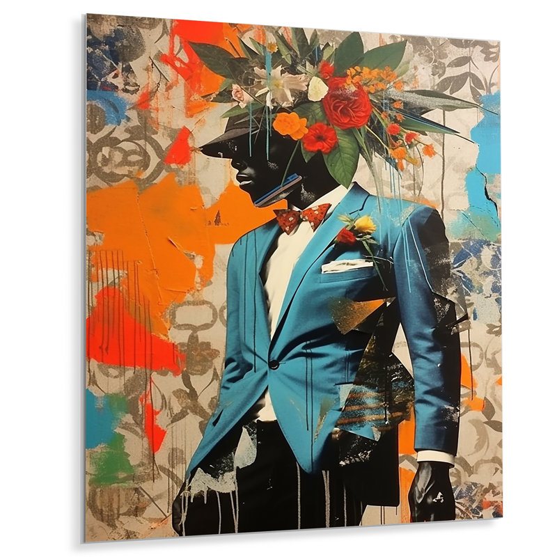 «Flower Man With suit Collage - Fashion Man», art mural, Métal métal, H 20 po x l 12 po x P 1 po