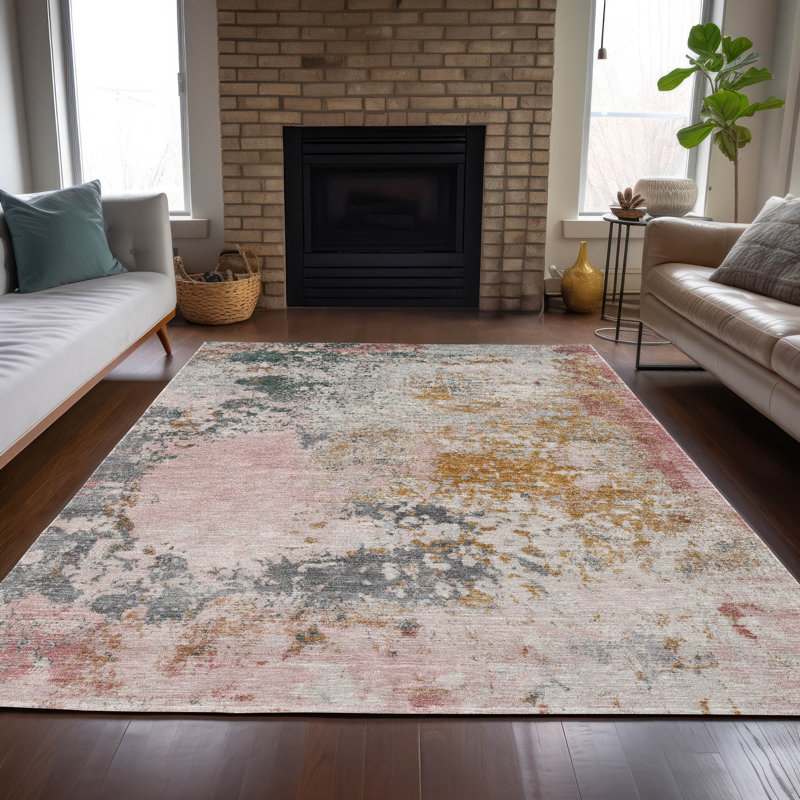 Tapis intérieur / extérieur rose lavable à la machine Xhevrie, Rectangle 10 pi x 14 pi