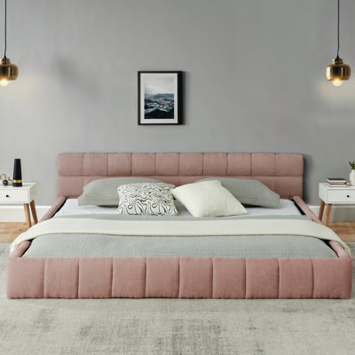 Structure de lit plateforme tapissier rose très grand, tissu épais, tête de lit, chambre à coucher moderne et moderne