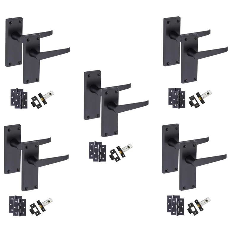 5 Pairs Victorian Straight Handle Latch Door Handles in Matt Black with 3" Ball Bearing Hinges & Latches - 120mm x 40mm Backplate