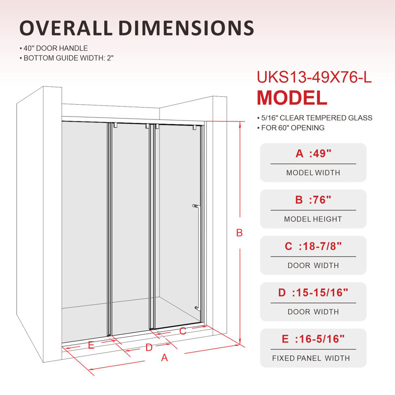 UKS13 46 in. to 49 in. W X 76 in. H Left-side Opening Semi-frameless Triple Bypass Sliding Shower Door with 5/16 in. (8mm) Clear Glass in Brushed Nickel