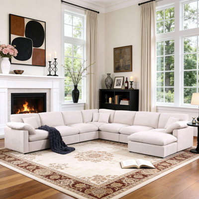 144" Chenille Modular Sectional Sofa 8 Seat Oversized Upholstered Cloud Couch With Corner & Movable Ottoman by Mercer41