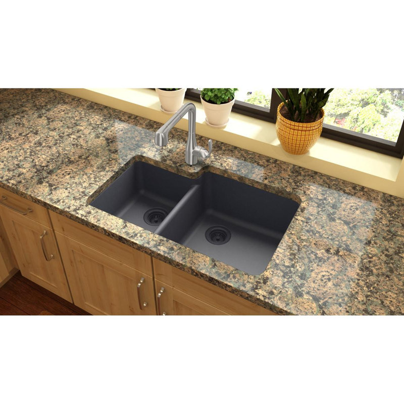 Quartz Classic 33" x 20-11/16" x 9" Double Basin Undermount Kitchen Sink, Dusk Gray