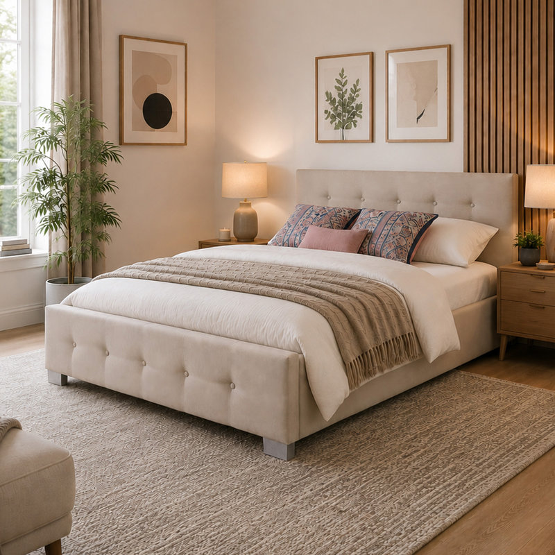 Caddo Fabric Upholstered Ottoman Bed Frame, Kingsize (5'), Natural