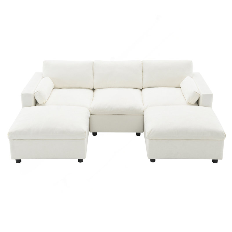 Chenille sectional with removable footstool and side storage pockets, White Chenille
