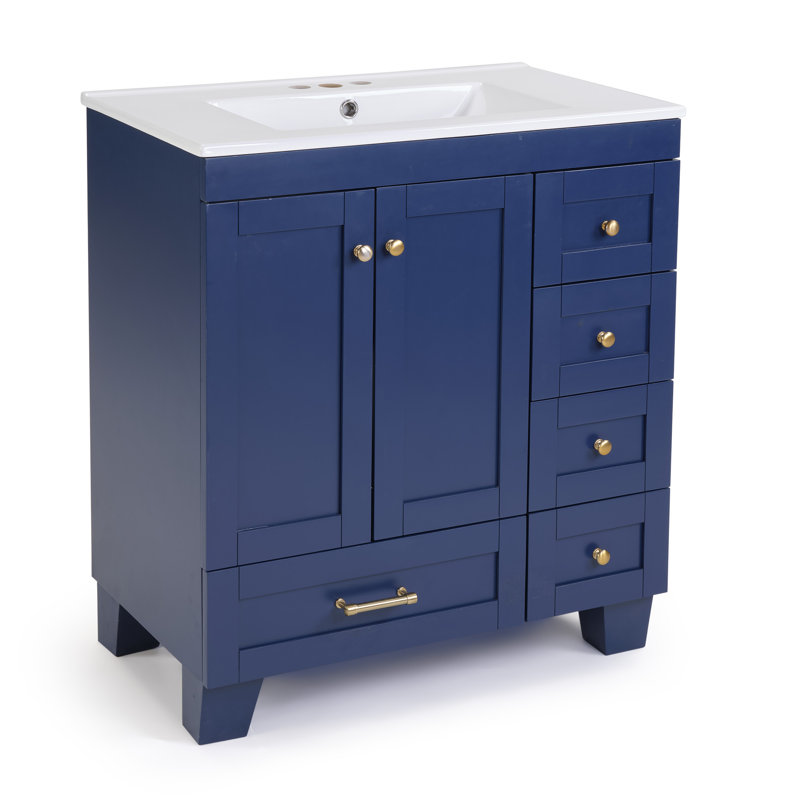 30" Bathroom Vanity Cabinet With Blue Finish, Ceramic Sink & Ample Storage