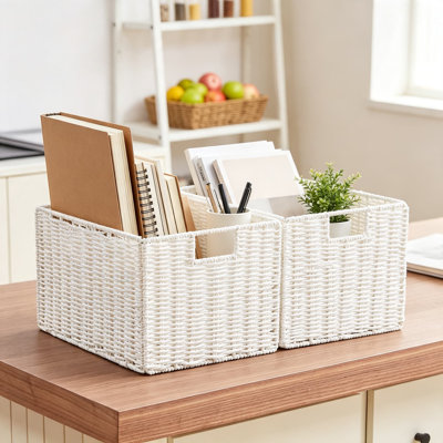 Set of 2 Hand-Woven Paper Rope Wicker Storage Baskets, Foldable Cube Organizer Bins for Shelves, Toilet Paper and Bathroom Storage