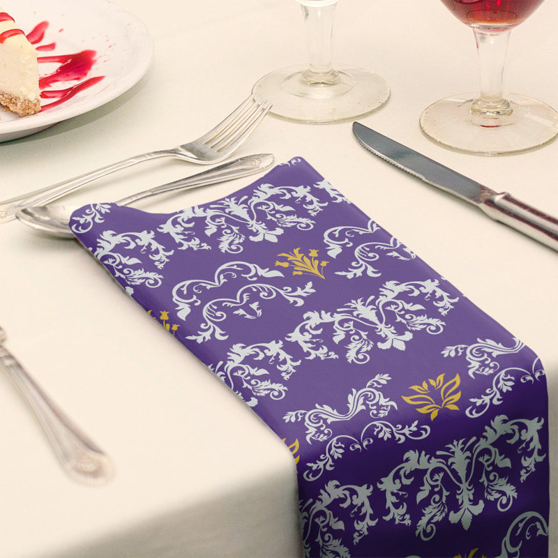 Damask Square Napkin, White/Purple/Gold, Cotton, 10" W x 10" L