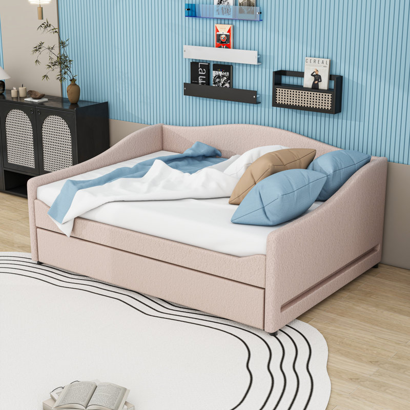 Upholstered Daybed with Light and Trundle, Beige, Full/Double