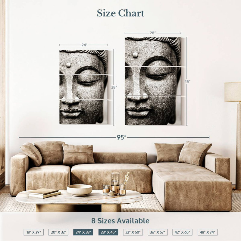Image de bouddha méditant - 3 pièces sur toile tendue, H 38 po x l 24 po x P 1,25 po