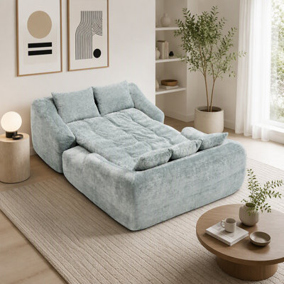 Chaise longue surdimensionnée moderne en chenille, à assise profonde, avec coussins décoratifs et accoudoirs, idéale pour le salon, la chambre ou un appartement.