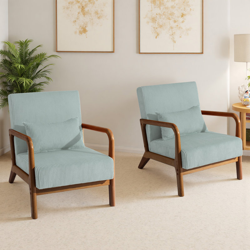 Jyrin Mid Century Upholstered Light Blue Corduroy Solid Wood Accent Chair with an Extra Pillow, Dark Brown Wood, Light Blue