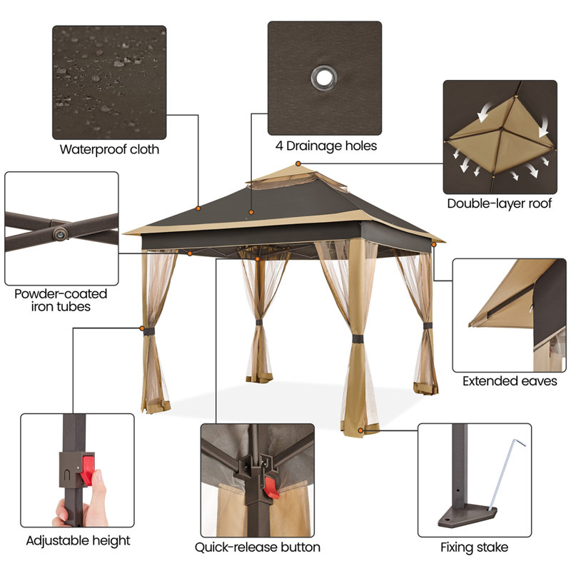 11x11 ft Brown Polyester and Metal Pop-Up Gazebo Tent