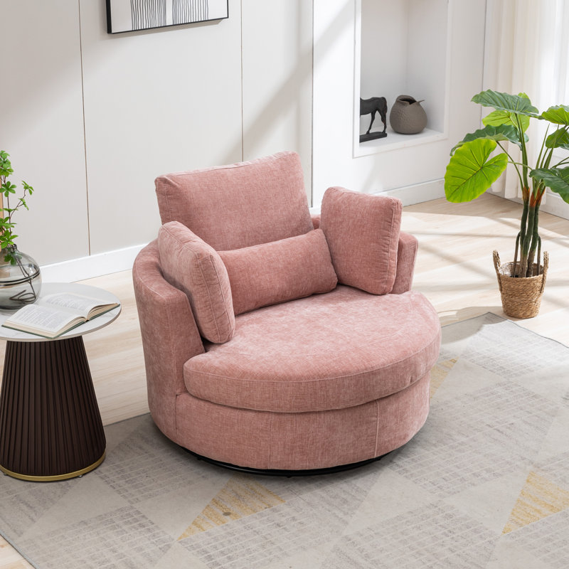 Achorn 42" W Recessed Arm Slipcovered Swivel Barrel Chair, Pink Chenille