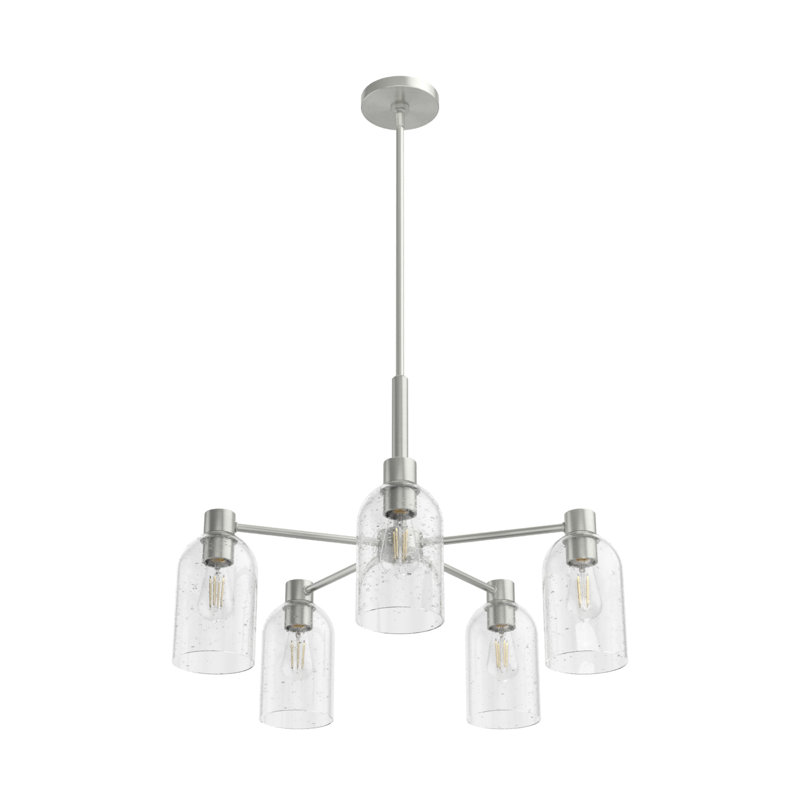 Lustre cylindrique unique à 5 lumières Lochemeade, Nickel brossé, Verre transparent transparent