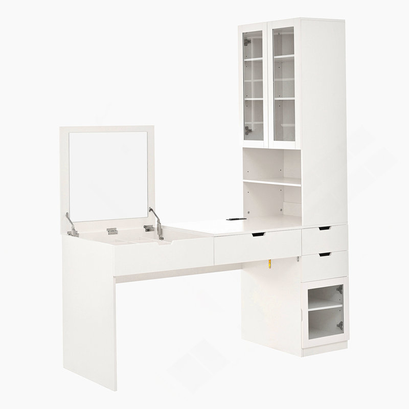 Meuble-lavabo polyvalent avec miroir et station de charge, coiffeuse avec 8 compartiments de rangement cachés, bureau d'ordinateur à 3 tiroirs, 2 armoires et tablettes ouvertes, bureau personnel, blanc