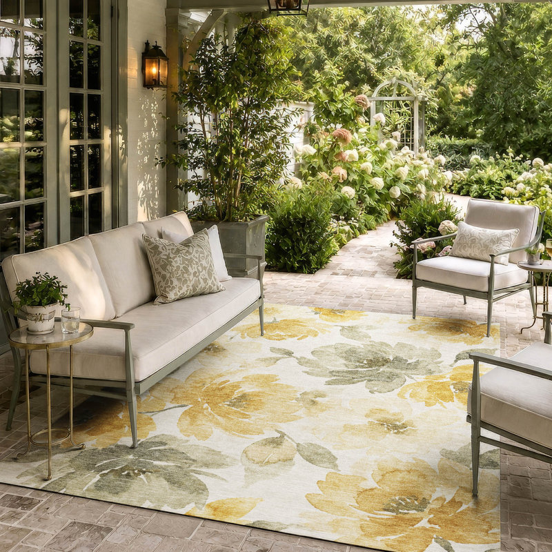 Tapis Chantille ACN3014 à motif floral, lavable à la machine, pour intérieur et extérieur, Crème, 9 pi x 12 pi