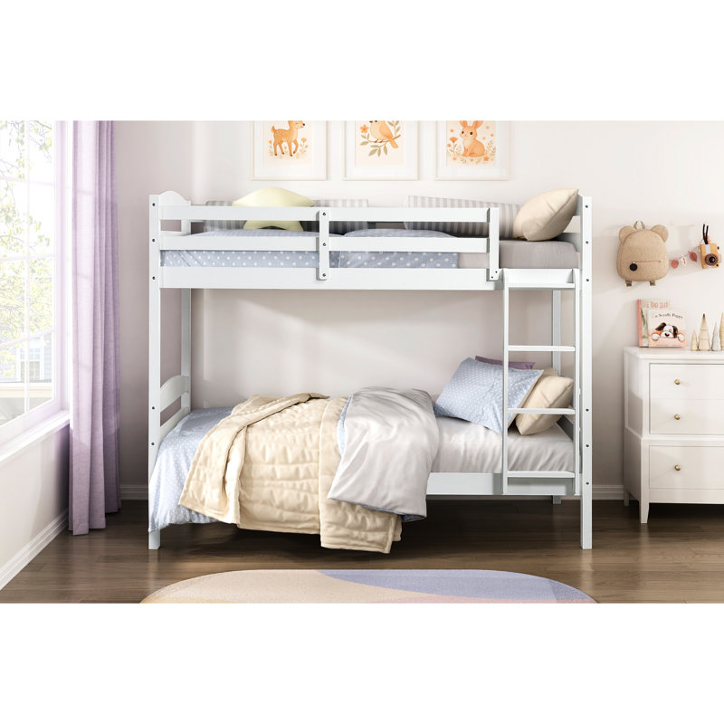 Twin Over Bunk Bed With White Finish, Wood Frame, Guard Rails On Top, , No Box Spring, Compact For Shared Bedrooms - Bed, Construction, Top And Foundation, Good Spaces