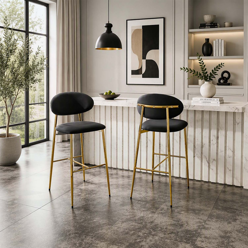 Set of 2 Modern Bar Stools, Curved-Back PU Leather Upholstered Counter Chairs with Metal Frame and Footrest, Black PU, Doré