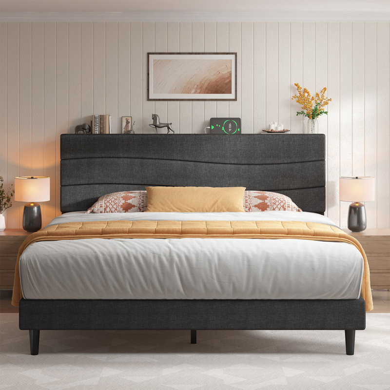 Upholstered Storage Bed with Charging Station, Gray, Queen