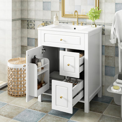 Meuble-lavabo de salle de bain avec lavabo en céramique, porte à fermeture en douceur et tiroirs, supports de rangement doubles pour une organisation améliorée