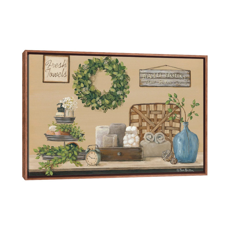 «Farmhouse Bath I» par Pam Britton - impression d'art graphique, H 26 po x l 40 po x 1,5 po, Toile avec cadre en bois brun
