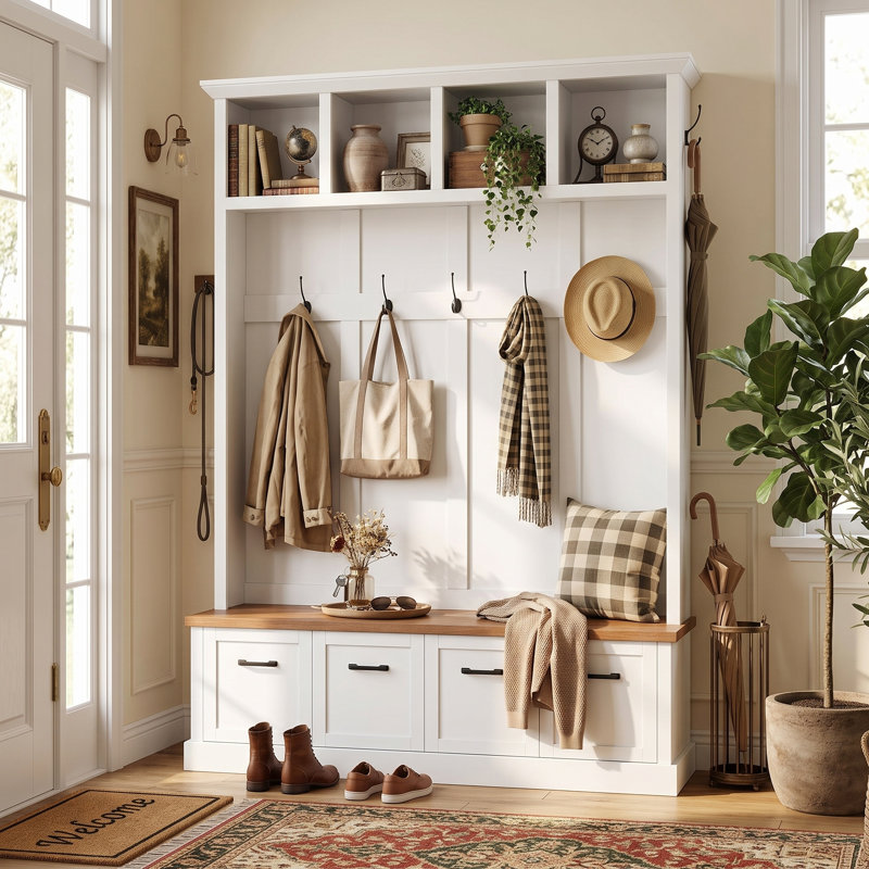 Porte-manteau d'entrée de style américain traditionnel moderne de 140 cm de large avec banc de rangement, organisateur de manteaux avec 6 crochets et rangement pour chaussures