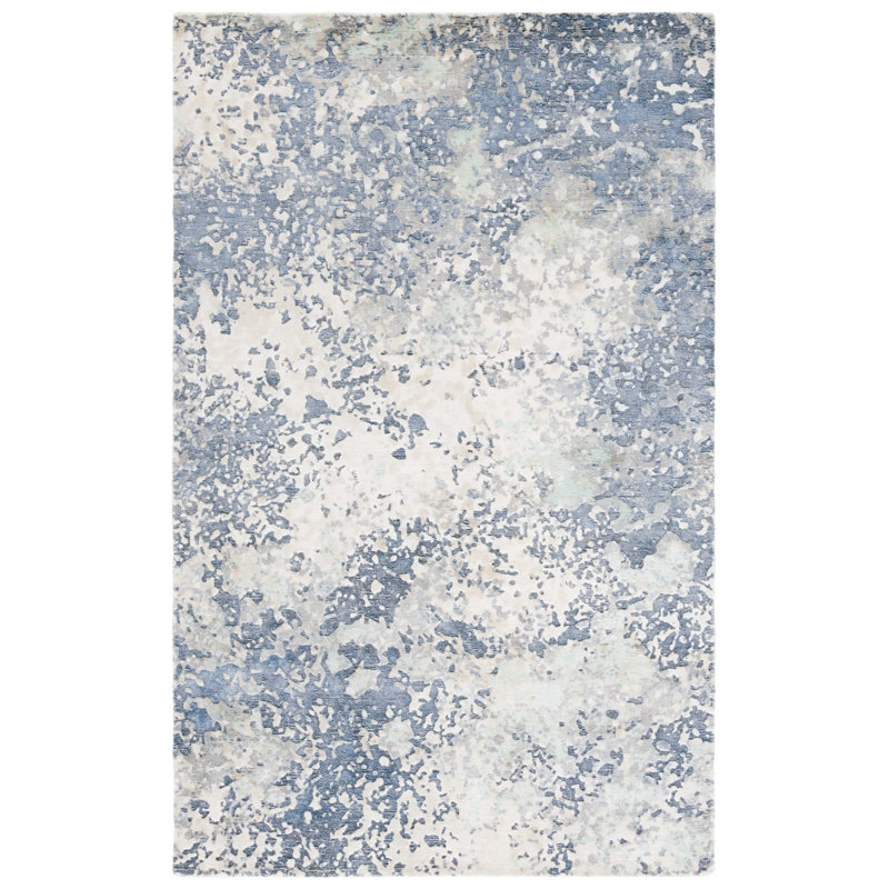 Tapis bleu / ivoire en viscose / laine / coton noué à la main Mirage 642, Rectangle 6 pi x 9 pi
