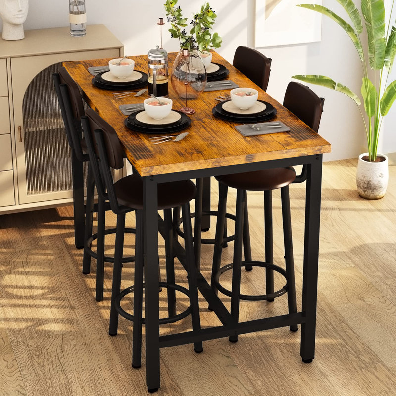 Industrial Bar Table Set with 4 PU Stools - Counter Height, Space-Saving 5-Piece Dining Set (43” L), Brown/Black
