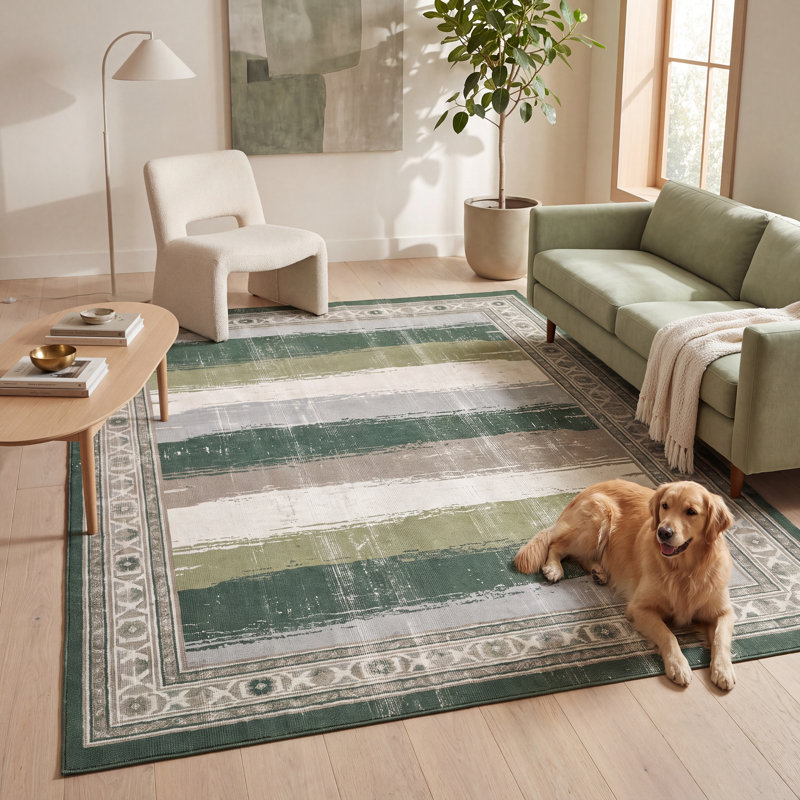 Tapis Sandbar2 moderne à rayures effet pinceau, vert, gris et blanc, antidérapant, à poils courts, pour intérieur et extérieur, adapté aux animaux domestiques, salon, chambre, salle à manger, entrée, couloir, bureau, lavable