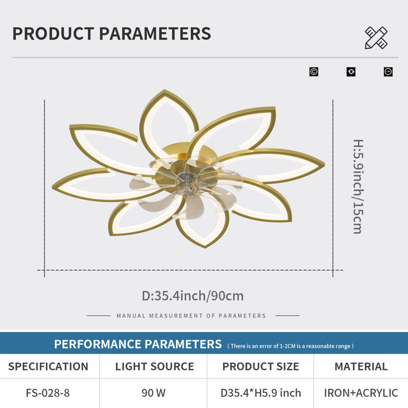 35Inches Ceiling Fan With Lights Remote Control Dimmable Led, 6 Gear Wind Speed Fan Light , 1/2/4H Timing, Gold, Gold