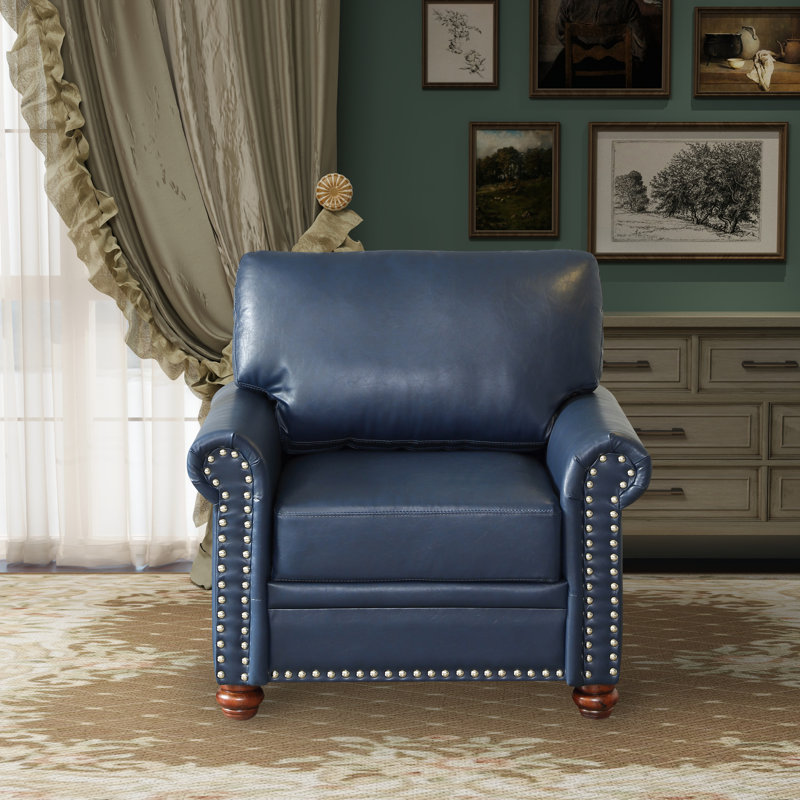 Deiontay Wide Single Sofa Chair with Wood Leg, Navy PU Leather