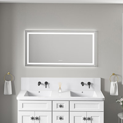 Miroir de salle de bain 55 po x 28 po à DEL avec façade et rétroéclairage, miroir de meuble-lavabo mural avec cadre en aluminium, antibuée, mémoire, 3 couleurs, gradation continue