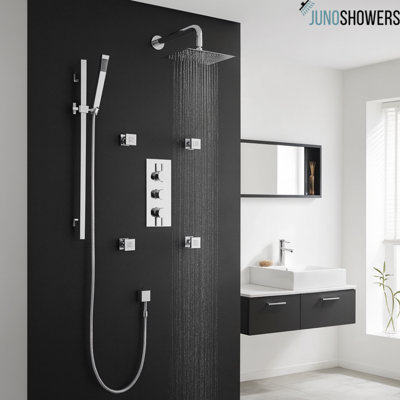 Thermostatic Shower Panel with Digital Display, Rain Head, and Adjustable Body Jets