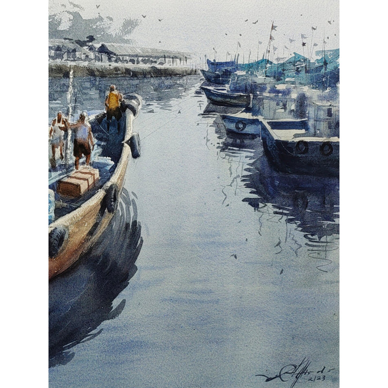 Bateau sur le lac | Aquarelle | Par Achintya Hazra