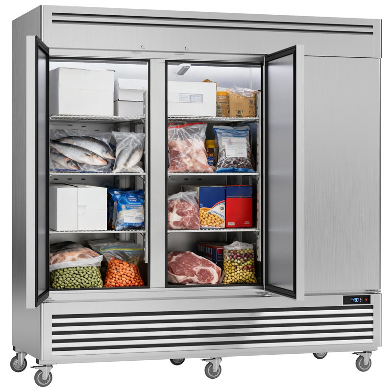 Congélateur commercial Coolake de 82 po de largeur avec 3 portes solides, congélateur droit en acier inoxydable de 72 pieds cubes avec éclairage à DEL, congélateur à ventilateur pour la zone de préparation de la cuisine du café-restaurant