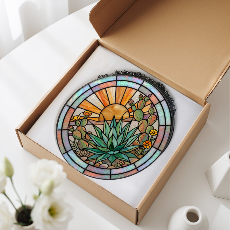 Desert Sunlight Stained Glass Window Panel，7.8H, 7.8"H