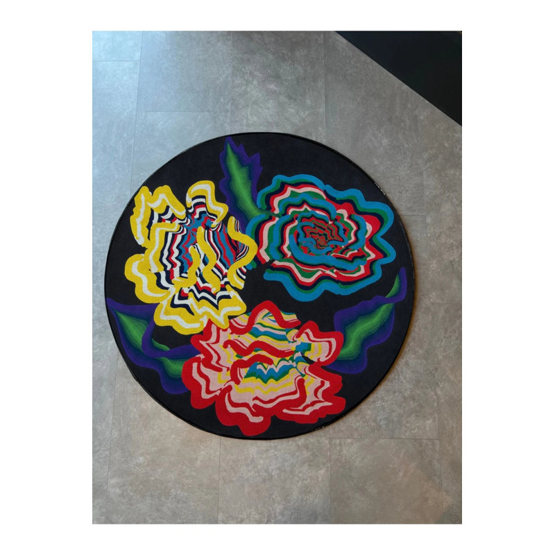 Troyanek Black Multicolored Abstract Patterned Round Rug, Round 4'