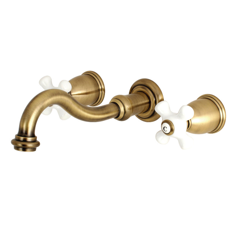 Kingston Brass Vintage Two-Handle 3-Hole Wall Mount Bathroom Faucet, Vintage Brass/White