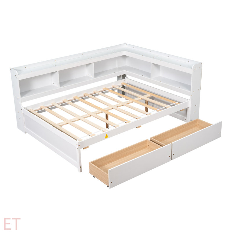 Bed With L-Shaped Bookcases,Drawers, Full