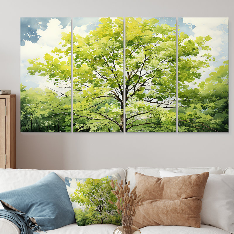«Green Spring Blooms Tree I», art mural 4 pièces, H 28 po x l 48 po