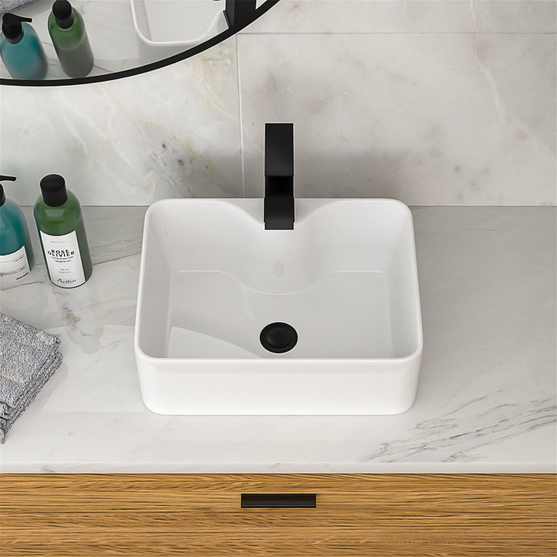 Lavabo de salle de bain vasque rectangulaire en céramique blanche 16 "x 12" avec robinet noir et drain noir